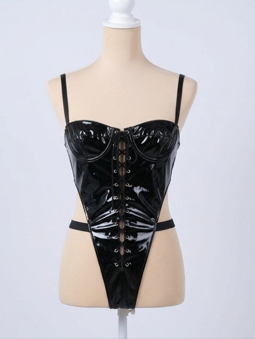 Elegant Moments Black Patent Lace-Up Bodysuit Sz OS